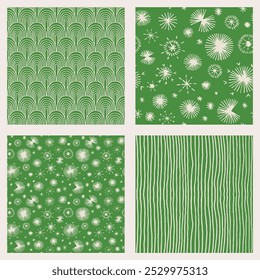 Set of New Year, Christmas patterns with fir trees. Scandinavian Norwegian simple winter print. Minimalistic graphic illustration. Striped herringbone pattern with snowflakes, snowballs.
