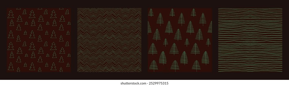Set of New Year, Christmas patterns with fir trees. Scandinavian Norwegian simple winter print. Minimalistic graphic illustration. Striped herringbone pattern with snowflakes, snowballs.