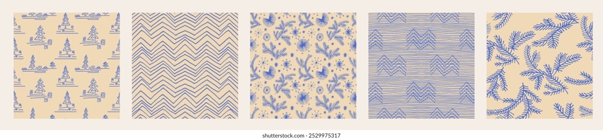 Set of New Year, Christmas patterns with fir trees. Scandinavian Norwegian simple winter print. Minimalistic graphic illustration. Striped herringbone pattern with snowflakes, snowballs.
