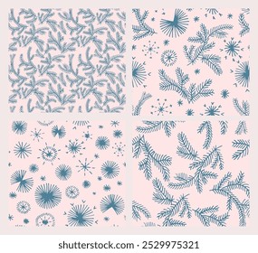 Set of New Year, Christmas patterns with fir trees. Scandinavian Norwegian simple winter print. Minimalistic graphic illustration. Striped herringbone pattern with snowflakes, snowballs.
