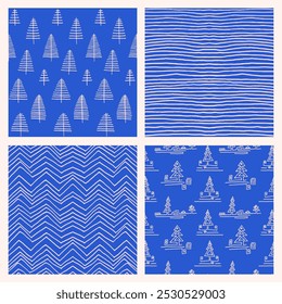 Conjunto de Ano Novo, padrões de Natal com abetos. Escandinavo norueguês simples inverno impressão. Ilustração gráfica minimalista. Padrão de espinha de peixe listrada com flocos de neve, bolas de neve.