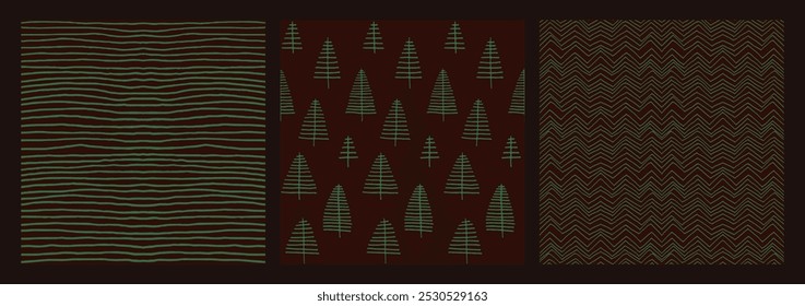 Conjunto de Año Nuevo, patrones de Navidades con abetos. Estampado de invierno noruego escandinavo simple. Ilustración gráfica minimalista. Patrón de espiga rayada con copos de nieve, bolas de nieve.