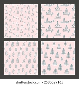 Set of New Year, Christmas patterns with fir trees. Scandinavian Norwegian simple winter print. Minimalistic graphic illustration. Striped herringbone pattern with snowflakes, snowballs.