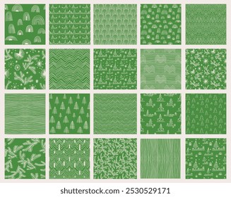 Conjunto de Ano Novo, padrões de Natal com abetos. Escandinavo norueguês simples inverno impressão. Ilustração gráfica minimalista. Padrão de espinha de peixe listrada com flocos de neve, bolas de neve.