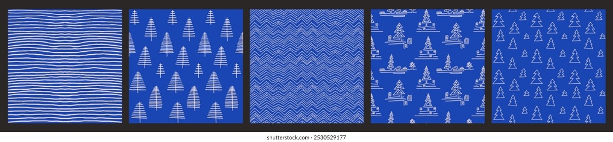 Set of New Year, Christmas patterns with fir trees. Scandinavian Norwegian simple winter print. Minimalistic graphic illustration. Striped herringbone pattern with snowflakes, snowballs.