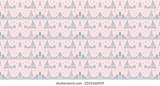 Set of New Year, Christmas patterns with fir trees. Scandinavian Norwegian simple winter print. Minimalistic graphic illustration. Striped herringbone pattern with snowflakes, snowballs.