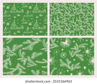 Conjunto de Ano Novo, padrões de Natal com abetos. Escandinavo norueguês simples inverno impressão. Ilustração gráfica minimalista. Padrão de espinha de peixe listrada com flocos de neve, bolas de neve.