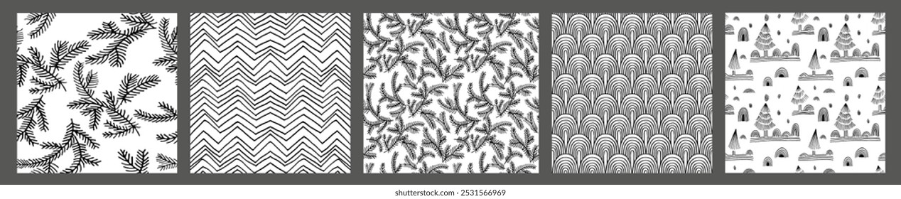 Conjunto de Ano Novo, padrões de Natal com abetos. Escandinavo norueguês simples inverno impressão. Ilustração gráfica minimalista. Padrão de espinha de peixe listrada com flocos de neve, bolas de neve.