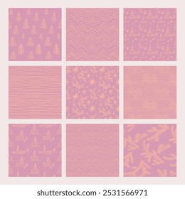 Conjunto de Ano Novo, padrões de Natal com abetos. Escandinavo norueguês simples inverno impressão. Ilustração gráfica minimalista. Padrão de espinha de peixe listrada com flocos de neve, bolas de neve.