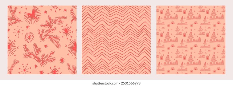 Conjunto de Año Nuevo, patrones de Navidades con abetos. Estampado de invierno noruego escandinavo simple. Ilustración gráfica minimalista. Patrón de espiga rayada con copos de nieve, bolas de nieve.