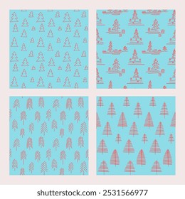 Conjunto de Ano Novo, padrões de Natal com abetos. Escandinavo norueguês simples inverno impressão. Ilustração gráfica minimalista. Padrão de espinha de peixe listrada com flocos de neve, bolas de neve.