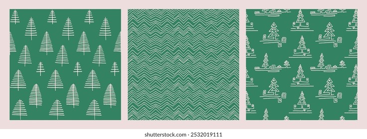 Set of New Year, Christmas patterns with fir trees. Scandinavian Norwegian simple winter print. Minimalistic graphic illustration. Striped herringbone pattern with snowflakes, snowballs.