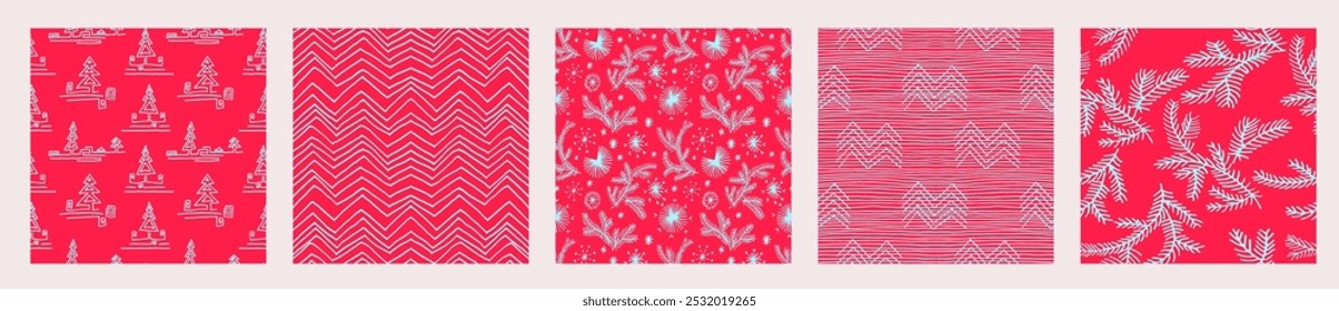 Set of New Year, Christmas patterns with fir trees. Scandinavian Norwegian simple winter print. Minimalistic graphic illustration. Striped herringbone pattern with snowflakes, snowballs.