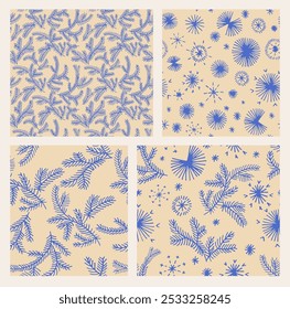 Set of New Year, Christmas patterns with fir trees. Scandinavian Norwegian simple winter print. Minimalistic graphic illustration. Striped herringbone pattern with snowflakes, snowballs.