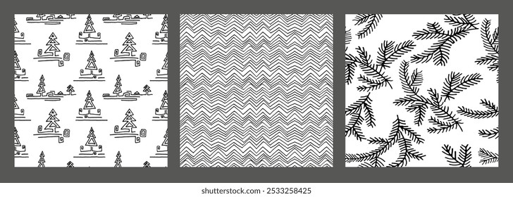 Conjunto de Ano Novo, padrões de Natal com abetos. Escandinavo norueguês simples inverno impressão. Ilustração gráfica minimalista. Padrão de espinha de peixe listrada com flocos de neve, bolas de neve.