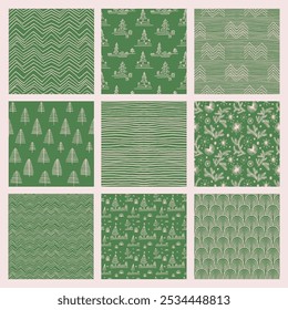 Conjunto de Año Nuevo, patrones de Navidades con abetos. Estampado de invierno noruego escandinavo simple. Ilustración gráfica minimalista. Patrón de espiga rayada con copos de nieve, bolas de nieve.