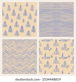 Set of New Year, Christmas patterns with fir trees. Scandinavian Norwegian simple winter print. Minimalistic graphic illustration. Striped herringbone pattern with snowflakes, snowballs.