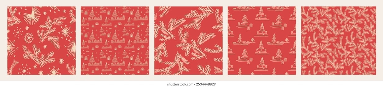 Set of New Year, Christmas patterns with fir trees. Scandinavian Norwegian simple winter print. Minimalistic graphic illustration. Striped herringbone pattern with snowflakes, snowballs.