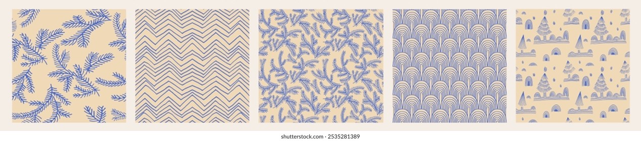 Set of New Year, Christmas patterns with fir trees. Scandinavian Norwegian simple winter print. Minimalistic graphic illustration. Striped herringbone pattern with snowflakes, snowballs.