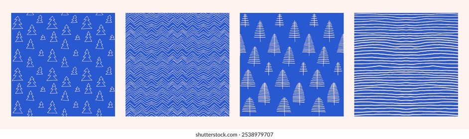 Neujahrssatz, Weihnachtsmuster mit Tannenbäumen. Skandinavisch Norwegisch einfacher Winterdruck. Minimalistische grafische Darstellung. Gestreiftes Fischgrätenmuster mit Schneeflocken, Schneebällen.