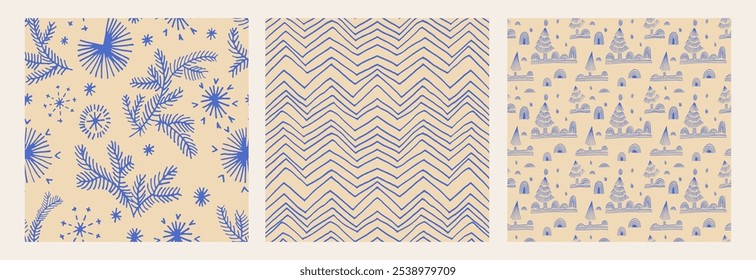 Neujahrssatz, Weihnachtsmuster mit Tannenbäumen. Skandinavisch Norwegisch einfacher Winterdruck. Minimalistische grafische Darstellung. Gestreiftes Fischgrätenmuster mit Schneeflocken, Schneebällen.