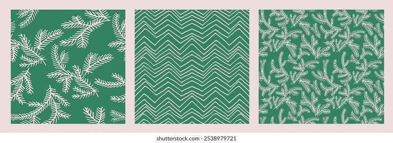 Conjunto de Año Nuevo, patrones de Navidades con abetos. Estampado de invierno noruego escandinavo simple. Ilustración gráfica minimalista. Patrón de espiga rayada con copos de nieve, bolas de nieve.