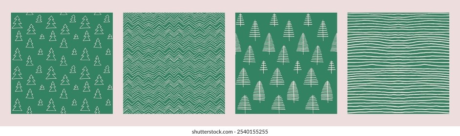 Set of New Year, Christmas patterns with fir trees. Scandinavian Norwegian simple winter print. Minimalistic graphic illustration. Striped herringbone pattern with snowflakes, snowballs.