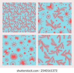 Set of New Year, Christmas patterns with fir trees. Scandinavian Norwegian simple winter print. Minimalistic graphic illustration. Striped herringbone pattern with snowflakes, snowballs.