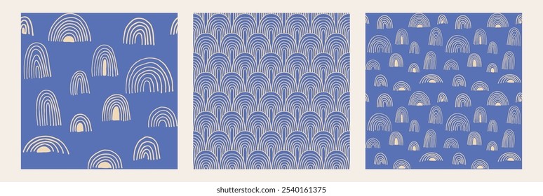 Conjunto de Año Nuevo, patrones de Navidades con abetos. Estampado de invierno noruego escandinavo simple. Ilustración gráfica minimalista. Patrón de espiga rayada con copos de nieve, bolas de nieve.
