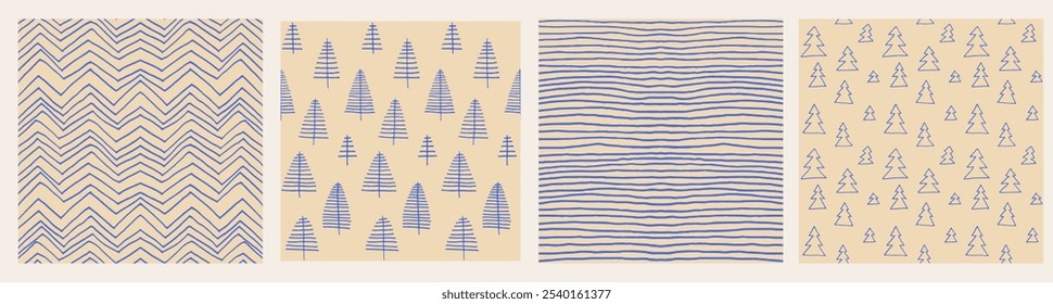 Set of New Year, Christmas patterns with fir trees. Scandinavian Norwegian simple winter print. Minimalistic graphic illustration. Striped herringbone pattern with snowflakes, snowballs.