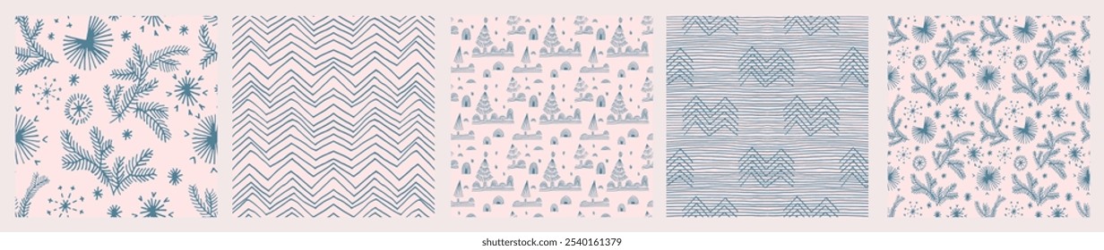 Set of New Year, Christmas patterns with fir trees. Scandinavian Norwegian simple winter print. Minimalistic graphic illustration. Striped herringbone pattern with snowflakes, snowballs.