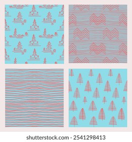 Set of New Year, Christmas patterns with fir trees. Scandinavian Norwegian simple winter print. Minimalistic graphic illustration. Striped herringbone pattern with snowflakes, snowballs.