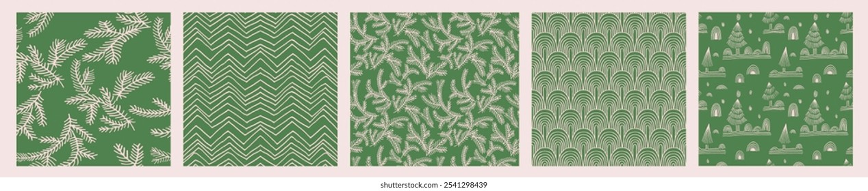 Conjunto de Ano Novo, padrões de Natal com abetos. Escandinavo norueguês simples inverno impressão. Ilustração gráfica minimalista. Padrão de espinha de peixe listrada com flocos de neve, bolas de neve.