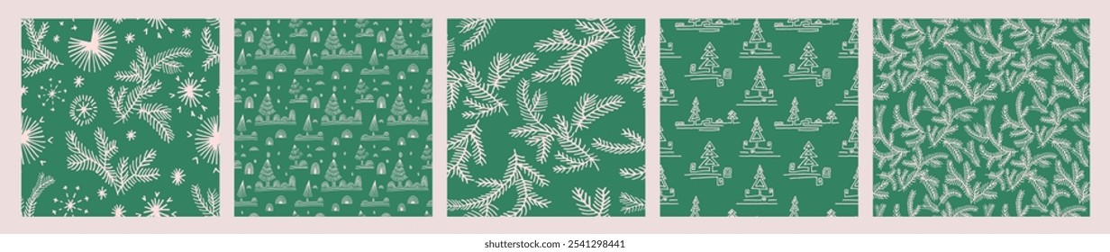 Set of New Year, Christmas patterns with fir trees. Scandinavian Norwegian simple winter print. Minimalistic graphic illustration. Striped herringbone pattern with snowflakes, snowballs.