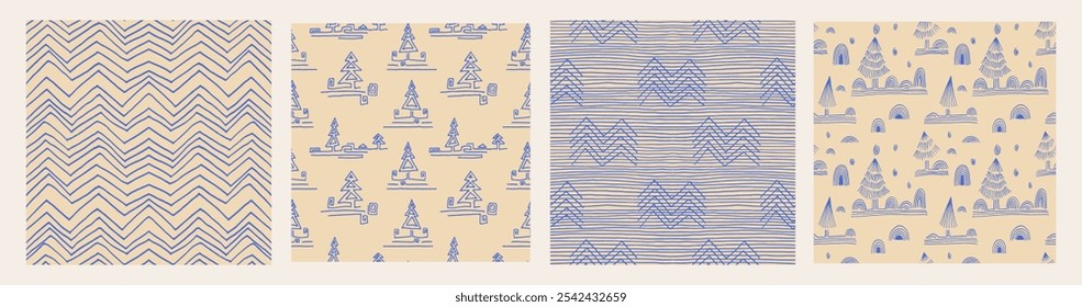 Set of New Year, Christmas patterns with fir trees. Scandinavian Norwegian simple winter print. Minimalistic graphic illustration. Striped herringbone pattern with snowflakes, snowballs.