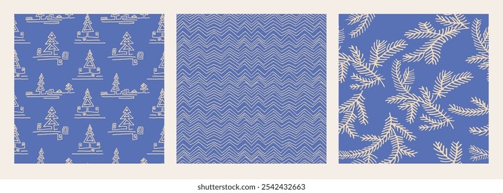 Conjunto de Año Nuevo, patrones de Navidades con abetos. Estampado de invierno noruego escandinavo simple. Ilustración gráfica minimalista. Patrón de espiga rayada con copos de nieve, bolas de nieve.