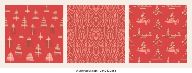 Set of New Year, Christmas patterns with fir trees. Scandinavian Norwegian simple winter print. Minimalistic graphic illustration. Striped herringbone pattern with snowflakes, snowballs.