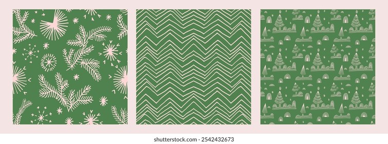 Set of New Year, Christmas patterns with fir trees. Scandinavian Norwegian simple winter print. Minimalistic graphic illustration. Striped herringbone pattern with snowflakes, snowballs.