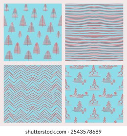 Set of New Year, Christmas patterns with fir trees. Scandinavian Norwegian simple winter print. Minimalistic graphic illustration. Striped herringbone pattern with snowflakes, snowballs.