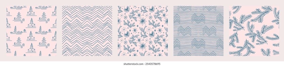 Conjunto de Año Nuevo, patrones de Navidades con abetos. Estampado de invierno noruego escandinavo simple. Ilustración gráfica minimalista. Patrón de espiga rayada con copos de nieve, bolas de nieve.