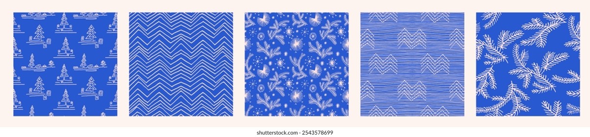 Set of New Year, Christmas patterns with fir trees. Scandinavian Norwegian simple winter print. Minimalistic graphic illustration. Striped herringbone pattern with snowflakes, snowballs.
