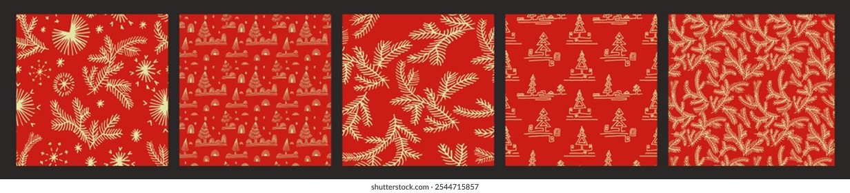 Set of New Year, Christmas patterns with fir trees. Scandinavian Norwegian simple winter print. Minimalistic graphic illustration. Striped herringbone pattern with snowflakes, snowballs.
