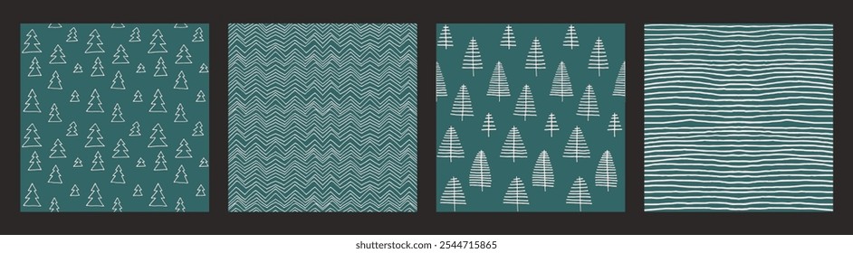 Conjunto de Ano Novo, padrões de Natal com abetos. Escandinavo norueguês simples inverno impressão. Ilustração gráfica minimalista. Padrão de espinha de peixe listrada com flocos de neve, bolas de neve.