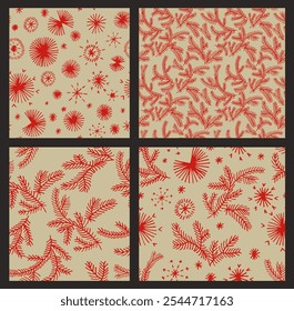 Conjunto de Ano Novo, padrões de Natal com abetos. Escandinavo norueguês simples inverno impressão. Ilustração gráfica minimalista. Padrão de espinha de peixe listrada com flocos de neve, bolas de neve.