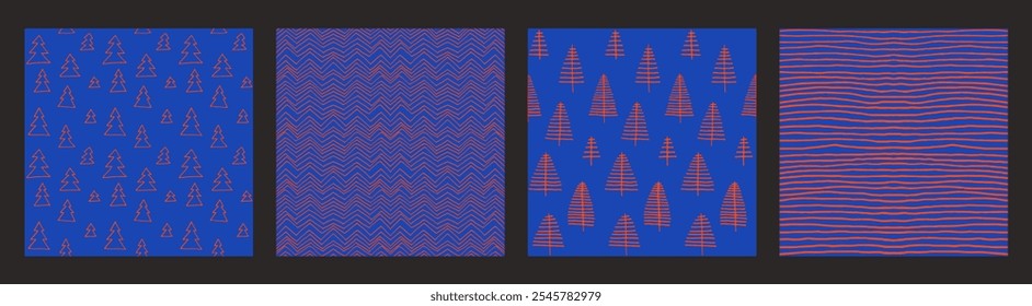 Set of New Year, Christmas patterns with fir trees. Scandinavian Norwegian simple winter print. Minimalistic graphic illustration. Striped herringbone pattern with snowflakes, snowballs.