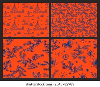 Set of New Year, Christmas patterns with fir trees. Scandinavian Norwegian simple winter print. Minimalistic graphic illustration. Striped herringbone pattern with snowflakes, snowballs.