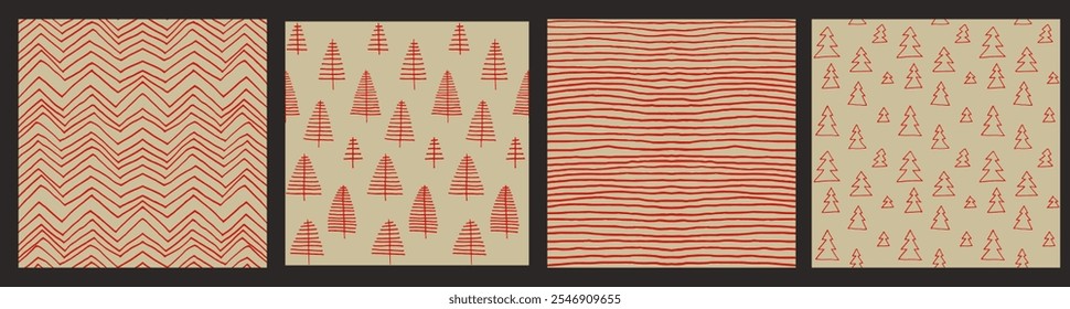 Set of New Year, Christmas patterns with fir trees. Scandinavian Norwegian simple winter print. Minimalistic graphic illustration. Striped herringbone pattern with snowflakes, snowballs.