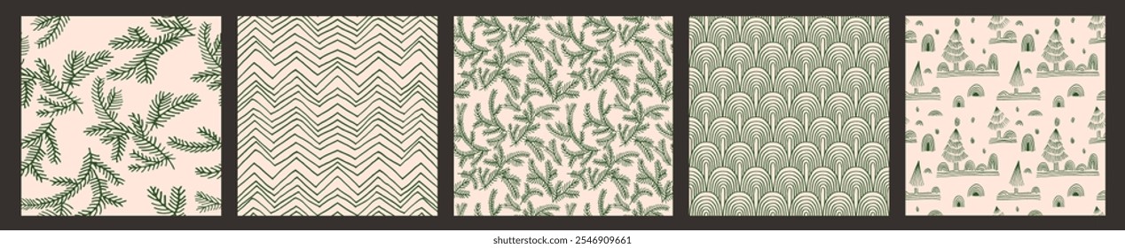 Conjunto de Ano Novo, padrões de Natal com abetos. Escandinavo norueguês simples inverno impressão. Ilustração gráfica minimalista. Padrão de espinha de peixe listrada com flocos de neve, bolas de neve.