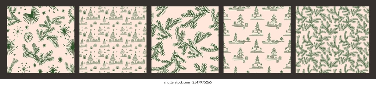 Set of New Year, Christmas patterns with fir trees. Scandinavian Norwegian simple winter print. Minimalistic graphic illustration. Striped herringbone pattern with snowflakes, snowballs.