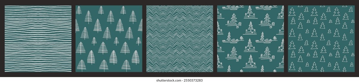 Set of New Year, Christmas patterns with fir trees. Scandinavian Norwegian simple winter print. Minimalistic graphic illustration. Striped herringbone pattern with snowflakes, snowballs.